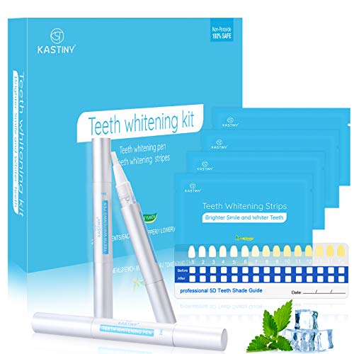 Kit Sbiancamento Denti, Kastiny 56 Strisce Sbiancanti Denti Naturale con 3 Penna Sbiancante per Denti, Teeth Whitening Kit Igiene Dentale Casa per Macchie da Caffè e Sigarette, Brighter Smile