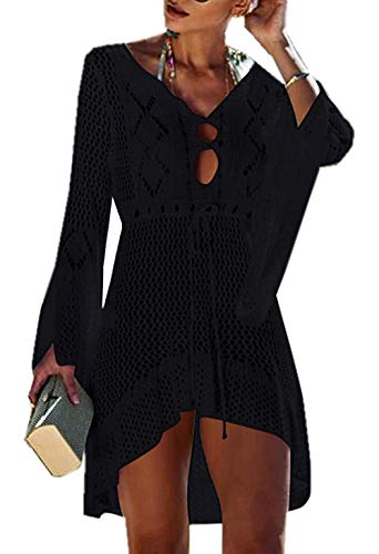 Jinsha Abito da Spiaggia Allentato da Donna Bikini Allentato a Manica Lunga con Scollo a V Coprire Costumi da Bagno Coprire Tunica fluida Camicetta per Le Vacanze(Black)