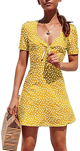 Bowanadacles Mini Vestito da Donna Estivo Abito da Cocktail Casual Elegante a Linea A con Maniche Corte Scollo a V Stampa Floreale (Giallo, S)