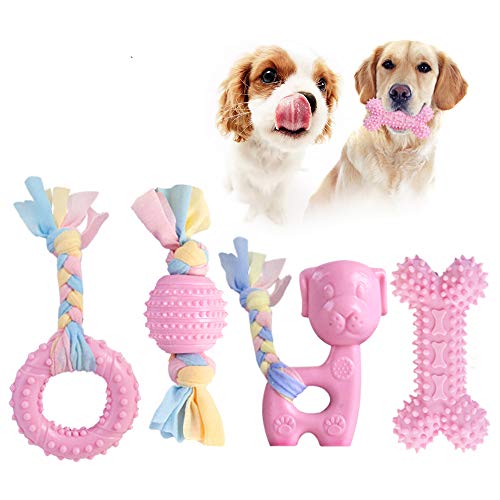 Giocattoli da masticare per cuccioli JYPS, set di giocattoli per dentizione per cani 4 pezzi con in cotone e palla, giocattoli da masticare regalo per cuccioli di taglia piccola e cani di media (Rosa)