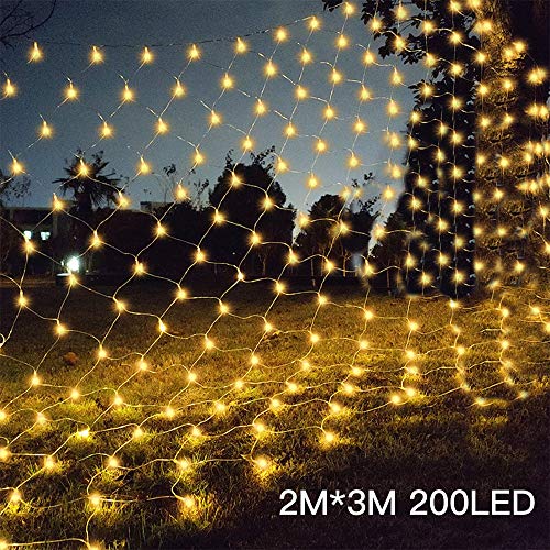 Silingsan Rete di luci a LED 200 LED 3 x 2 m Catene luminose per Balcone Salotto GiardinoTerrazza 8 modalità per Natale feste Halloween Bianca caldo [Classe di efficienza energetica A]