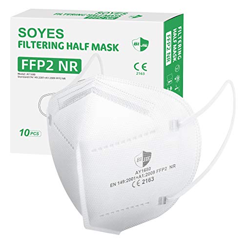 SOYES Maschera FFP2, 5 strati di protezione, design 3D, soddisfa le esigenze della vita quotidiana, adatta per adulti, uomini, donne (10 pezzi)