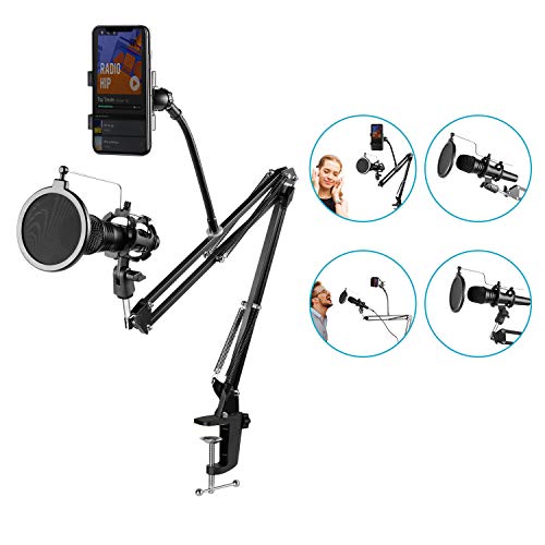 Neewer Regolabile Stand Asta di Sospensione Braccio a Forbice per Microfono con Rotondo Filtro Popo, Supporto Antiurto e Supporto per Cellulare, Compatibile con Blue Yeti Snowball Yeti X ecc.