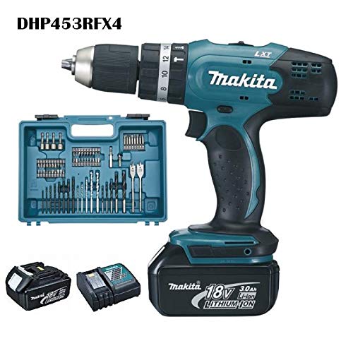 Makita DHP453RFX4 Trapano Avvitatore a Percussione con Valigetta, 74 Accessori, 2 Batterie 3 Ah Li-ion, 18 V