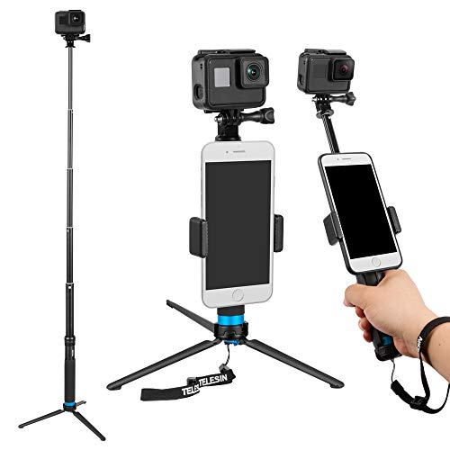 Telesin 6-in-1 in lega di alluminio allungabile monopiede selfie stick con vie mini treppiede e treppiede Mount & Phone clip per Apple, Android Smartphone e fotocamera GoPro