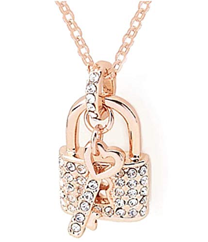 Quadiva, collana da donna con lucchetto a forma di cuore con chiave come ciondolo (colore: oro rosa), decorata con scintillanti cristalli di Swarovski®