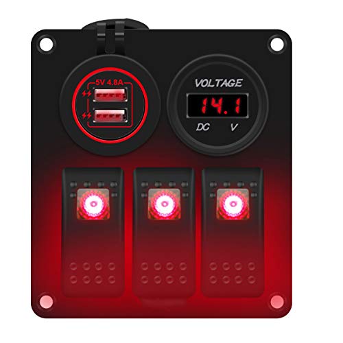 iFCOW Pannello Interruttori 3P Pannello Interruttori Combinazione Multifunzionale + 4. Caricabatteria da Auto 8A + Display Voltmetro Rosso