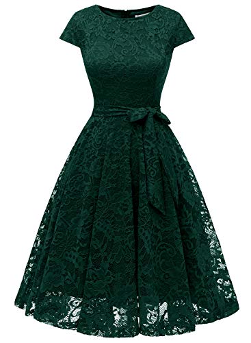 MuaDress Abito da Cocktail Ragazzaa Pieghe in Pizzo a Maniche Corte con Cintura e Maniche Corte 6008Verde Scuro S