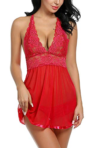 Tuopuda Lingerie Donna Sexy Pizzo Bobydoll Biancheria Intima da Notte Scollo a V Camicia da Notte Trasparente Pigiama Sleepwear G-String Set (M, Rosso)