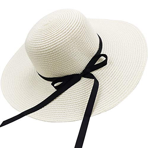 Cappelli da Sole per Donna Cappello da Spiaggia in Paglia di Bowknot a Tesa Larga a Tesa Larga Cappello Pieghevole Pieghevole UPF UV Floppy (White)