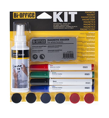 Bi-Office Kit di Pulizia per Lavagne Bianche con 4 Pennarelli, Detergente Spray, 6 magnetini e Cancellino