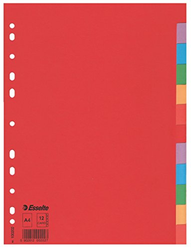 Esselte Divisori per Raccoglitori con 12 Tasti, Formato A4, Rosso/Multicolore, Cartoncino Robusto Riciclato, 100201