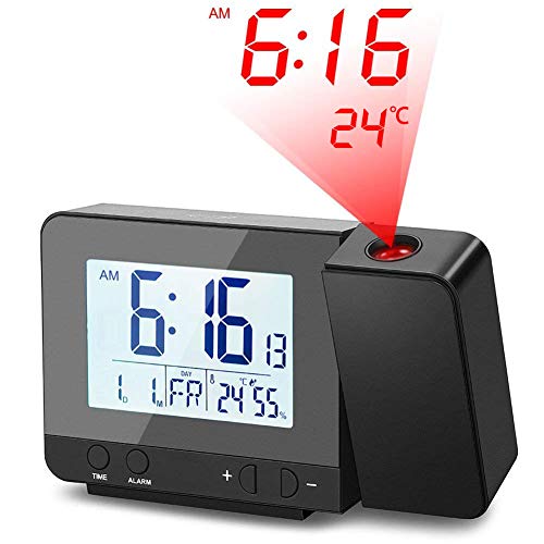 Deofde Sveglia con proiezione, Sveglia Digitale con Ampio Display LCD, Orologio Digitale con Doppio Allarme, Funzione Snooze, Timer di Standby, 12 / 24h, termometro Interno