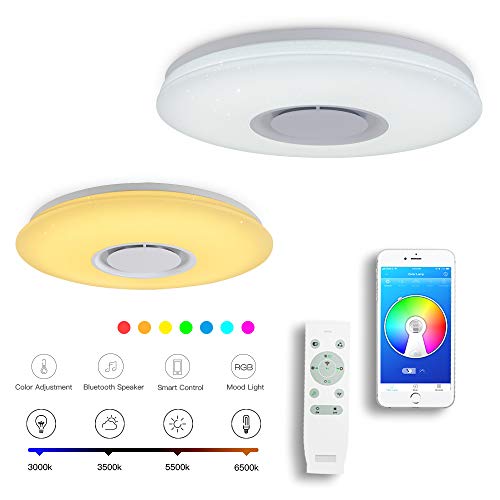 CHYSONGOODS 50CM 48W Plafoniera LED,Lampada Da Soffitto Con Altoparlante Bluetooth App Telecomando Regolabile Cambia Colore,Illuminazione Interni (1 Altoparlante 50CM 48W Circolare)