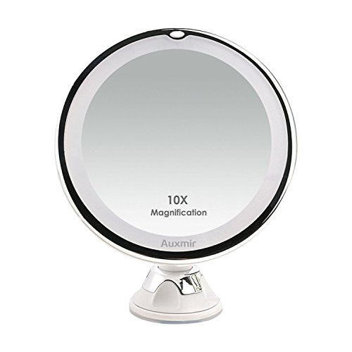 Auxmir Specchio Ingranditore 10X, Specchio Trucco con Luci, 2 Livelli di Luminosità, Specchio con Ventosa 360° Girevole Portabile Batterie (Incluse) Ideale per Casa e Viaggi