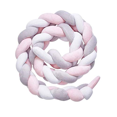 DQMEN Cuscino Intrecciato Nodo Paracolpi Letto Treccia, Baby Intrecciato Culla Decorative e Protezione per Bambini e Animali per Lettino e Culla (Bianco + rosa + grigio, 100cm/39inch)