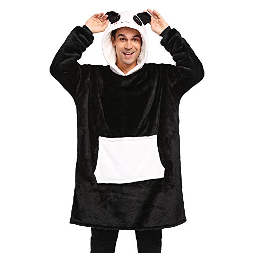 Coperta da Divano Panda Coperta con Cappuccio Taglie Forti Unisex Caldo Plaid con Maniche Tasca Divertente Felpone (Nero, Taglie L: Adatto per altezza 170 e 190 cm)