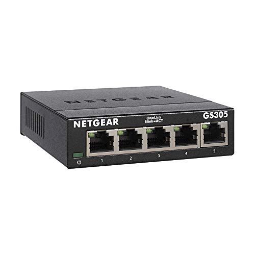 NETGEAR Switch 5 Porte Gigabit Ethernet Unmanaged GS305, Hub di Rete Domestica, Switch Ethernet per Ufficio, Plug-and-Play, Struttura in Metallo Montaggio su Tavolo o a Parete