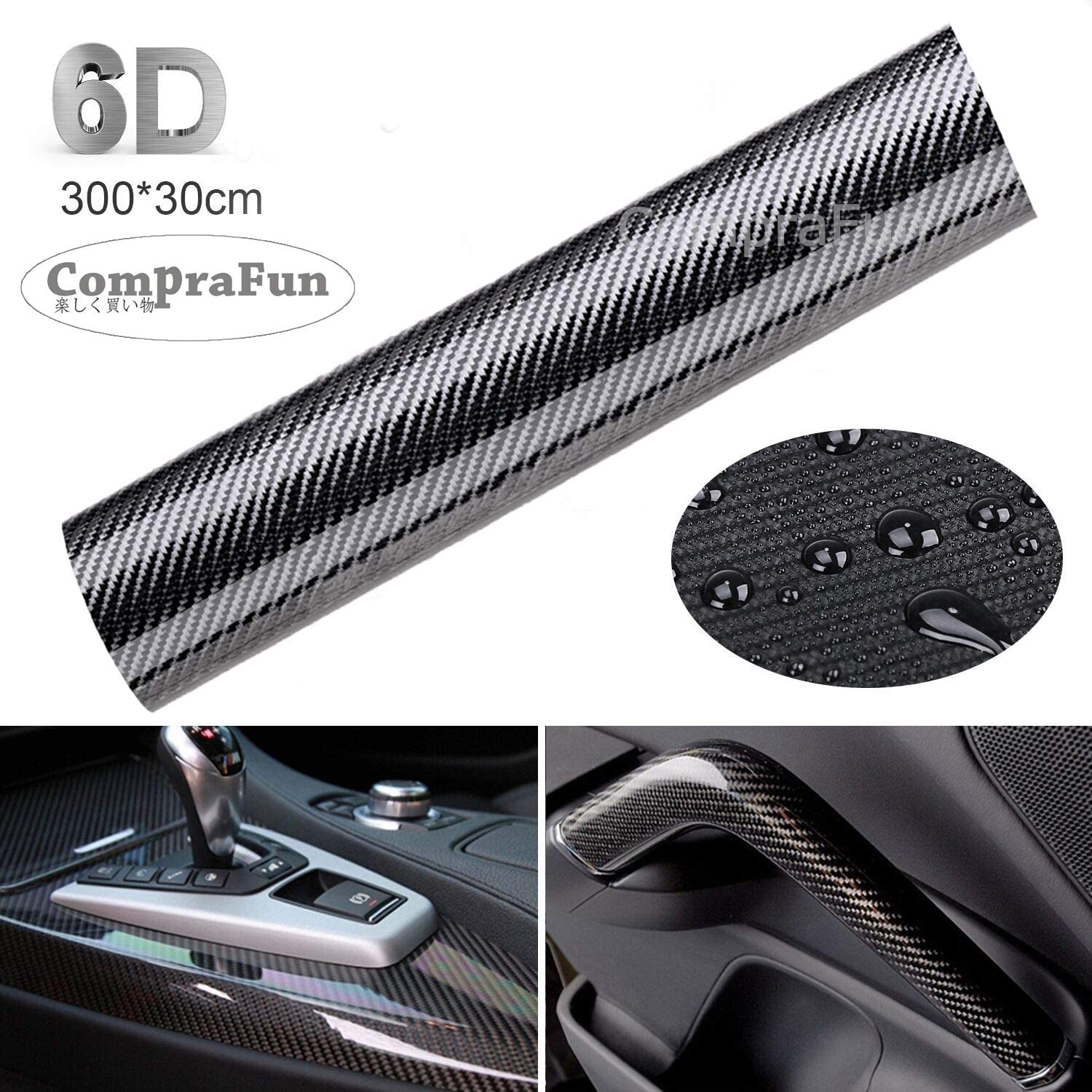 CompraFun 6D Pellicola Adesiva per Auto, 6D Fibra di Carbonio Rivestimento Adesivo Nero Car Sticker Wrapping Auto e Moto