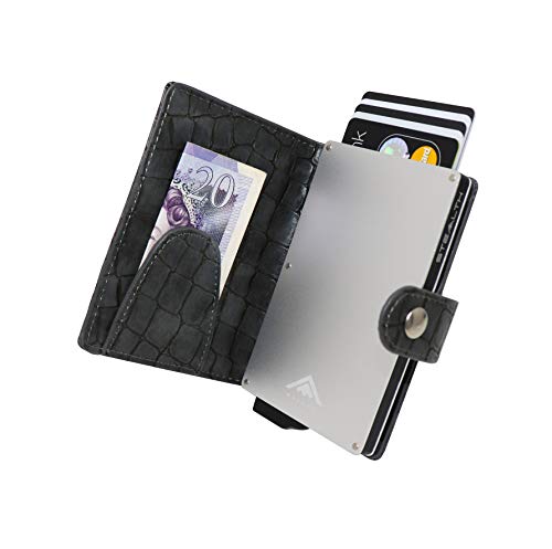 STEALTH WALLET Porta Carte RFID - Portafogli Titolare della Carta Credito Minimalisti (Argento con Pelle di Coccodrillo Grigia e Fermasoldi)