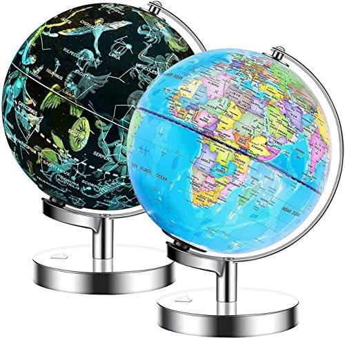 Exerz 23cm Mappamondo illuminato - Supporto in metallo - Mappa inglese - Globo terrestre Lampada LED 2 in 1 illuminata senza cavi- Mappa politica/stella della costellazione- Giorno e notte (23cm)