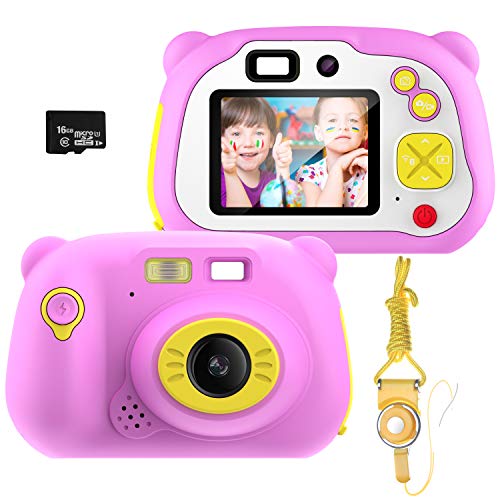 Lightswim Macchina Fotografica per Bambini con 16GB Carta TF Inclusa,Fotocamera Videocamera Digitale Portatile Obiettivo Doppio con Funzione Selfie,2 Pollici LCD,HD 1200 MP/1080P(Rosa)