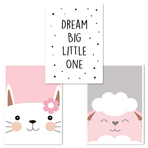 Little Fairy Tales - Poster per cameretta dei bambini, set da 3 pezzi, decorazione per la cameretta dei bambini, DINA 4, ragazzo (gatto, Dream Big, pecora)