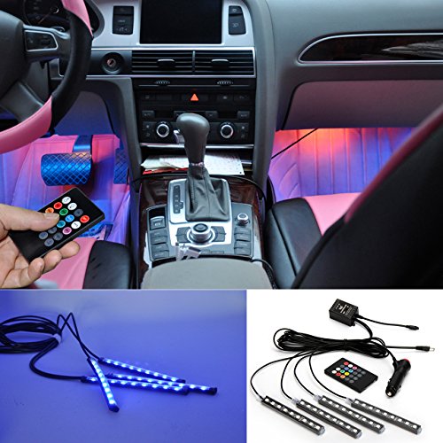 BRTLX Striscia Led Interni per Auto con 4 x 9 LEDs RGB,Suona la Funzione Attivata,Vari Colori Controllo Telecomando Luci abitacolo auto 12V per Decorative Interne