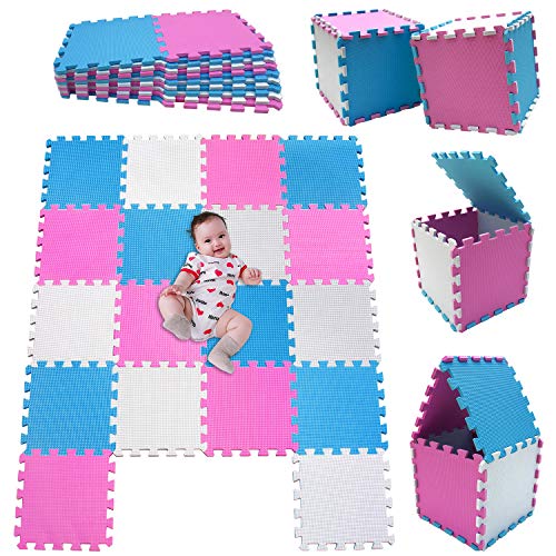 MSHEN Tappeto Puzzle con Certificato CE e Certificazione in Soffice Schiuma Eva | Tappeto da Gioco per Bambini | Tappetino Puzzle...dimensione1.62 mq,bianco-rosa-blu-010307g18