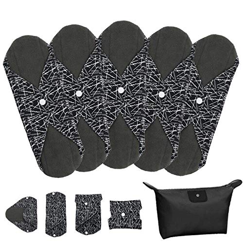 LIVEHITOP Assorbenti Igienici Riutilizzabili - Grande Salvaslip Lavabili Panno Mestruale Bambù Carbone Cotone Lungo Notte Scarico Vaginale Pannolino 5 Pezzi L con Borsa Nero Regalo San Valentino