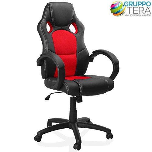 BAKAJI Sedia Sportiva Poltrona Direzionale da Ufficio 4 Ruote Girevole 360° Modello Racer Gaming Design Extra Ecopelle Nero e Tessuto (Rosso)