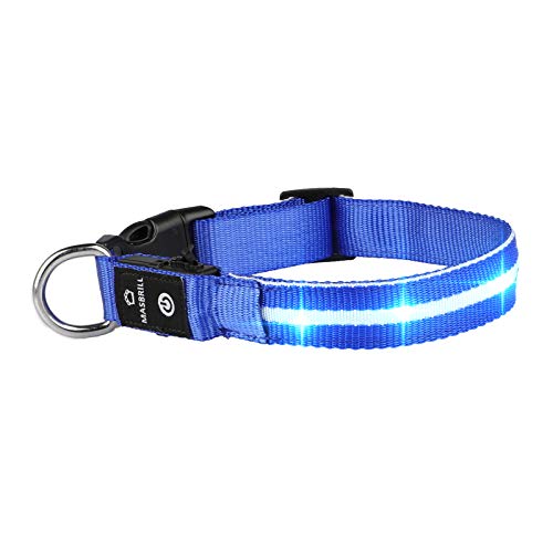 MASBRILL Collare Luminoso per Cani, Collare per Cane LED Ricaricabile e Impermeabile, 3 modalità d'ardore e Misura Regolabile Adatto per Cani di Taglia Piccola Grossa(Blu, XS)