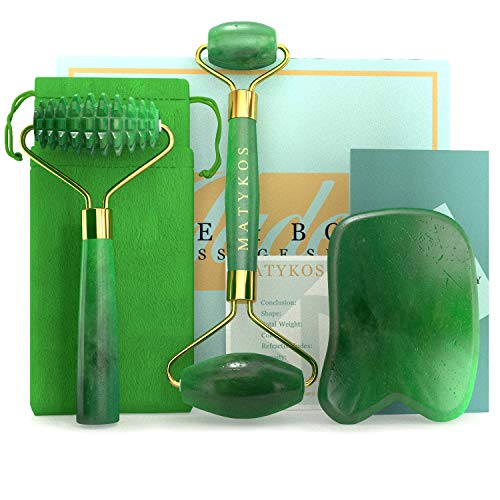 Roller Certificato Jade per il viso e Gua Sha Skincare Tools Matykos - Certified Green Xiuyan Stones - Anti Aging Massaggio Prodotti per Drenaggio linfatico e rughe | Include EBook e Gift Box