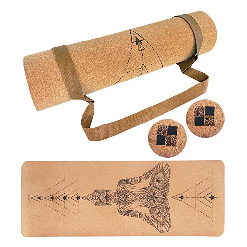 MENKAI - Tappetino da Yoga in Sughero &　TPE Antiscivolo - Materassino Fitness per Sport Pilates Ginnastica - Cork Yoga Mat 183x65x0,6cm