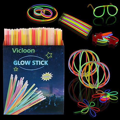 Vicloon Braccialetti Luminosi Fluorescenti, 100Pcs Luminose per Party, Glow Stick Bagliore Colorato con Connettori per Collana Bagliore, Braccialetti Fluorescenti per Feste, Carnevale, Halloween