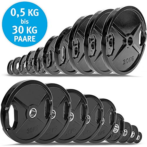 C.P.Sports Coppia di dischi olimpici ghisa o gommato da 0,5 kg a 30 kg - Dischi / pesi Weight Plates 50 mm in ghisa con fori di presa - per sport di forza, 1 paio di dischi in ghisa gommata 1,25 kg