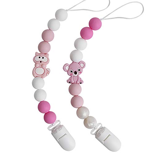 Catenella Portaciuccio Catena Bambino Ciuccio Clip Procione Koala Massaggiagengive Silicone Dentizione per Ragazzi e ragazze Senza BPA (Rosa)