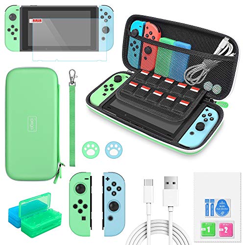 Auarte 12 in 1 Accessories for Nintendo Switch Animal Crossing, Crarrying Case, Screen Protector, JoyCon Silicone Case, Thumb Grip, Game Card Case and Type C Cable (verde)