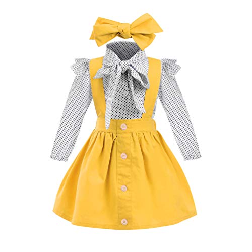 EDOTON Vestito Cinghia Maglietta Ragazze Primavera e Autunno Gonna a Quadri con Volant Girocollo Manica Lunga Bambino Abiti 1-5 Anni (2-3 Anni) (6-9 Mesi, L-Giallo)