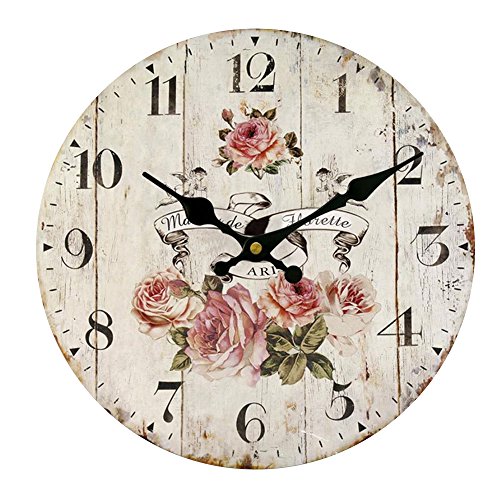 HUABEI 30 cm Orologio da Parete di Legno Silenzioso Stile Vintage Decorazione a Muro (Rosa)
