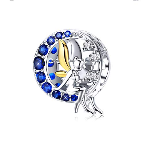 Ciondolo a forma di angelo, in argento Sterling 925, con fata lunare, zirconia cubica, compatibile con braccialetti europei Pandora