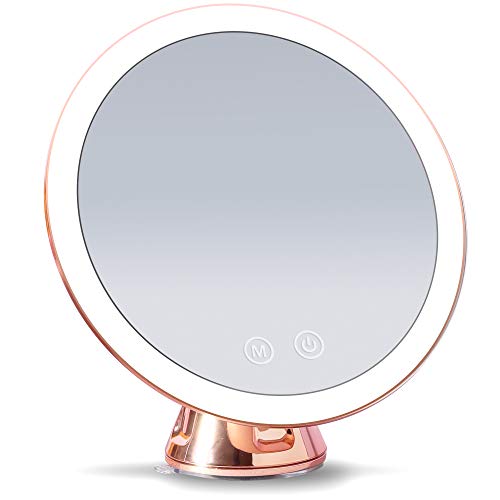 Fancii Specchio Ingranditore 10x Ricaricabile con 3 Impostazioni di Luce a LED e Ventosa Potente - 20 cm Specchio per Il Trucco del Bagno Dimmerabile Illuminato, Oro Rosa (Lana)