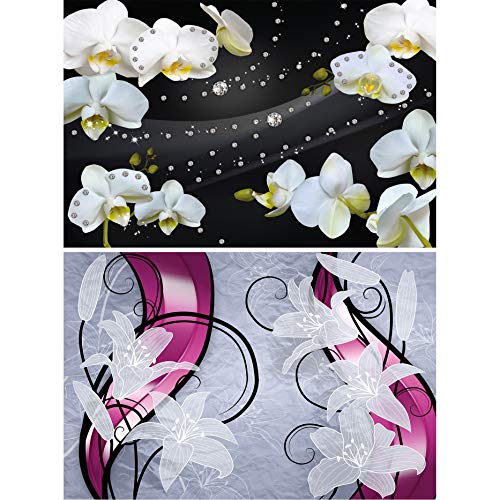 GREAT ART Set di 2 Poster XXL – Grafica Floreale – Orchidea & Giglio Diamanti Nero Bianco Rosa Fiori Camera Piante Decorazione Murale Foto Poster (140 x 100cm)