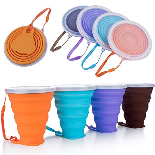 DEHUB Tazza da caffè Portatile, Tazza da Viaggio Pieghevole in Silicone, FDA e BPA Senza Coppa da Viaggio Leggera,270ML Tazze da Bere Pieghevoli, 4 Confezioni (Arancione, Blu, Viola, caffè, 4)