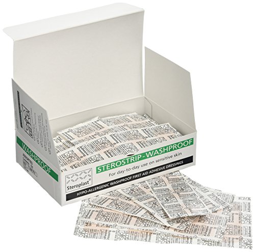 Steroplast 7149F - Cerotti ipoallergenici a prova di lavaggio e trasparenti, assortimento Sterostrip in scatola di cartone (5 misure), confezione da 100 pezzi, assortiti