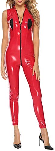 GWQDJ Tuta Intera in Ecopelle PU Sexy della Biancheria delle Donne Teddy Clubwear Tuta con Zip Frontale Metallizzata Body Effetto Bagnato Body,Red-Small