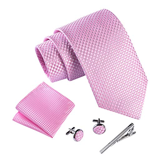 Massi Morino ® Cravatta uomo + Gemelli + Fazzoletto (Set cravatta uomo) regalo uomo con confezione regalo (Rosa scacchi)