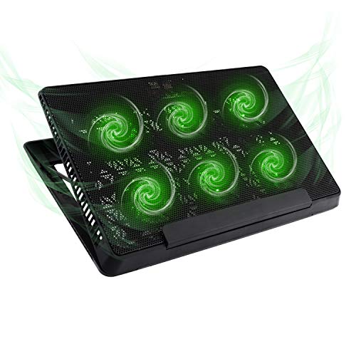 MoKo Laptop Cooler, NoteBook Cooling Pad Adjustable Speed Cooler Silent Gaming Laptop Radiator with Adjustable Stand, 6 Fans, Green LED Lights, Dual USB Ports for 12-15.6 Inch Laptop - Black