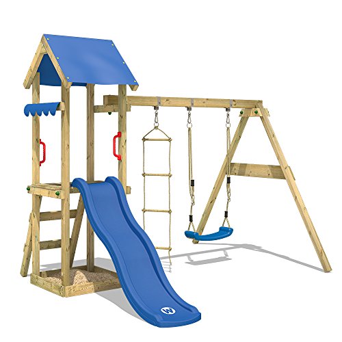WICKEY Parco giochi in legno TinyCabin Giochi da giardino con altalena e scivolo blu, Torre di arrampicata da esterno con sabbiera per bambini