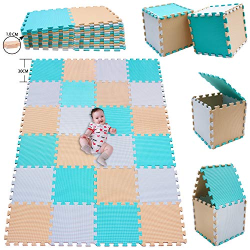 MSHEN 24 Foglio Tappeto Puzzle con Certificato CE e Certificazione in Soffice Schiuma Eva | Tappeto da Gioco per Bambini | Tappetino Puzzle...dimensione1.94 mq,bianco-turchese-beige-AHJg24